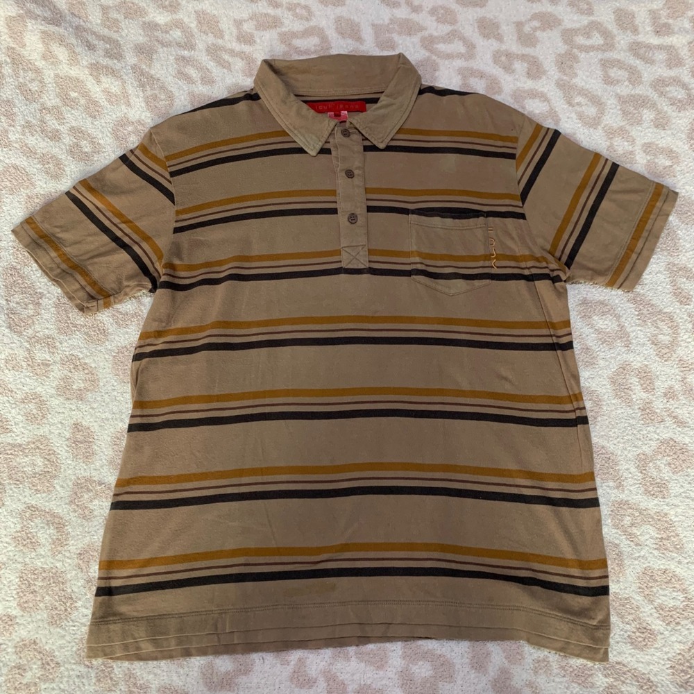 FCUK Jeans Striped Polo Shirt Tan Brown Men's Medium Short Sleeve Pocket
